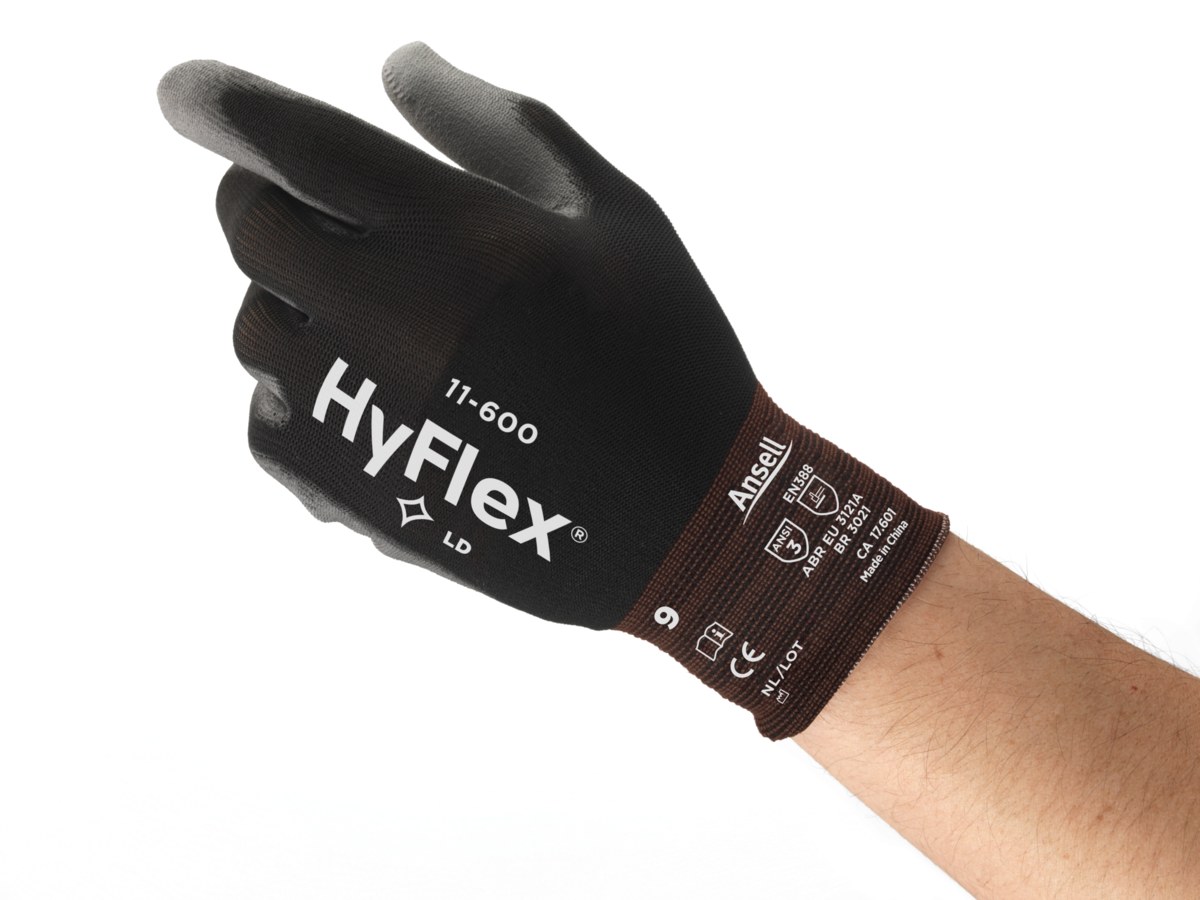 Ansell Hyflex 11-600 Black 8 Nylon General Purpose Gloves - ANSI A1 Cut Resistance - Polyurethane Palm Coating - 205652