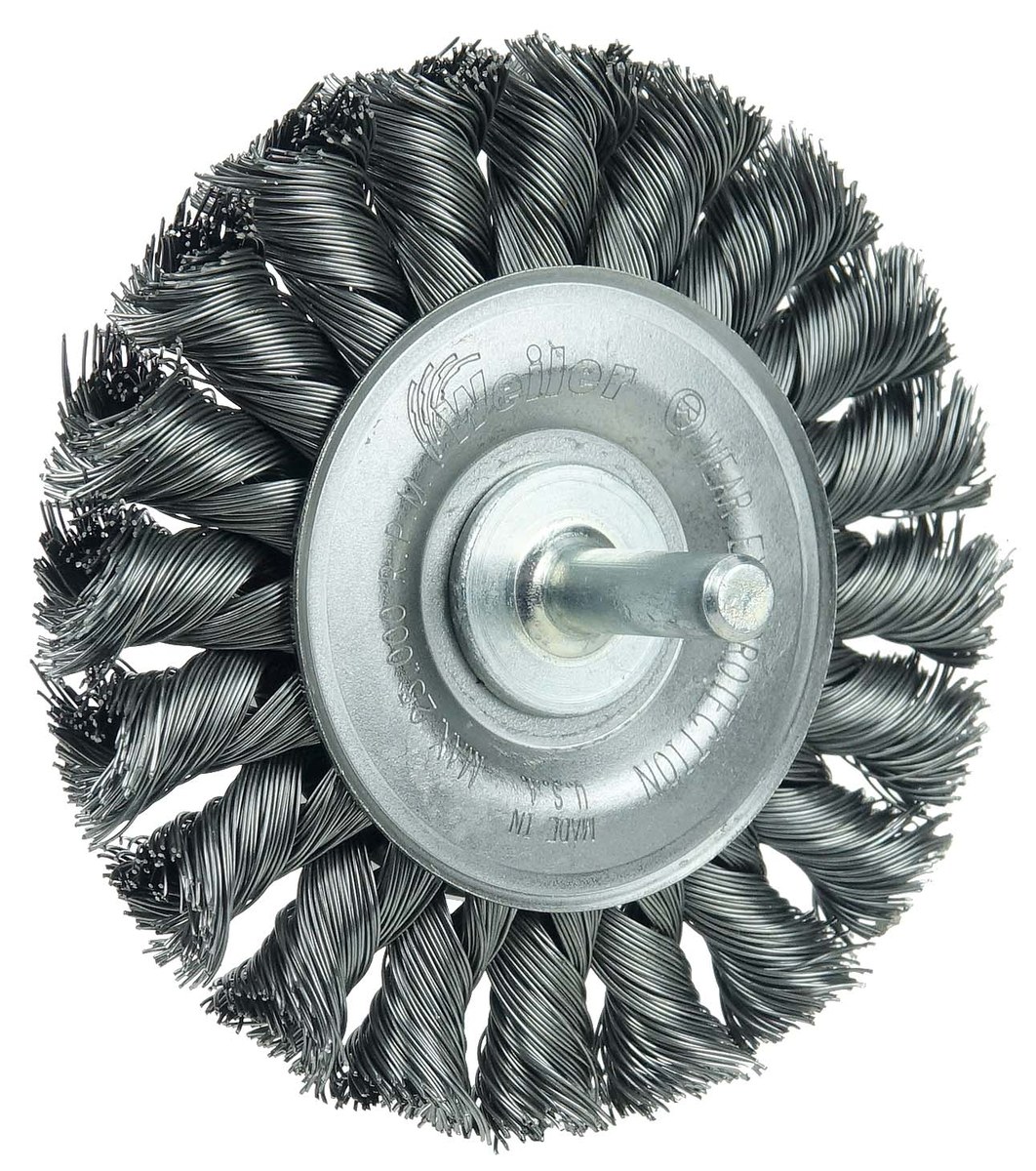 Weiler 3 1//4 Stem-Mounted Knot Wire Wheel 0.014 Steel Fill 1//4 Stem 3 Pack