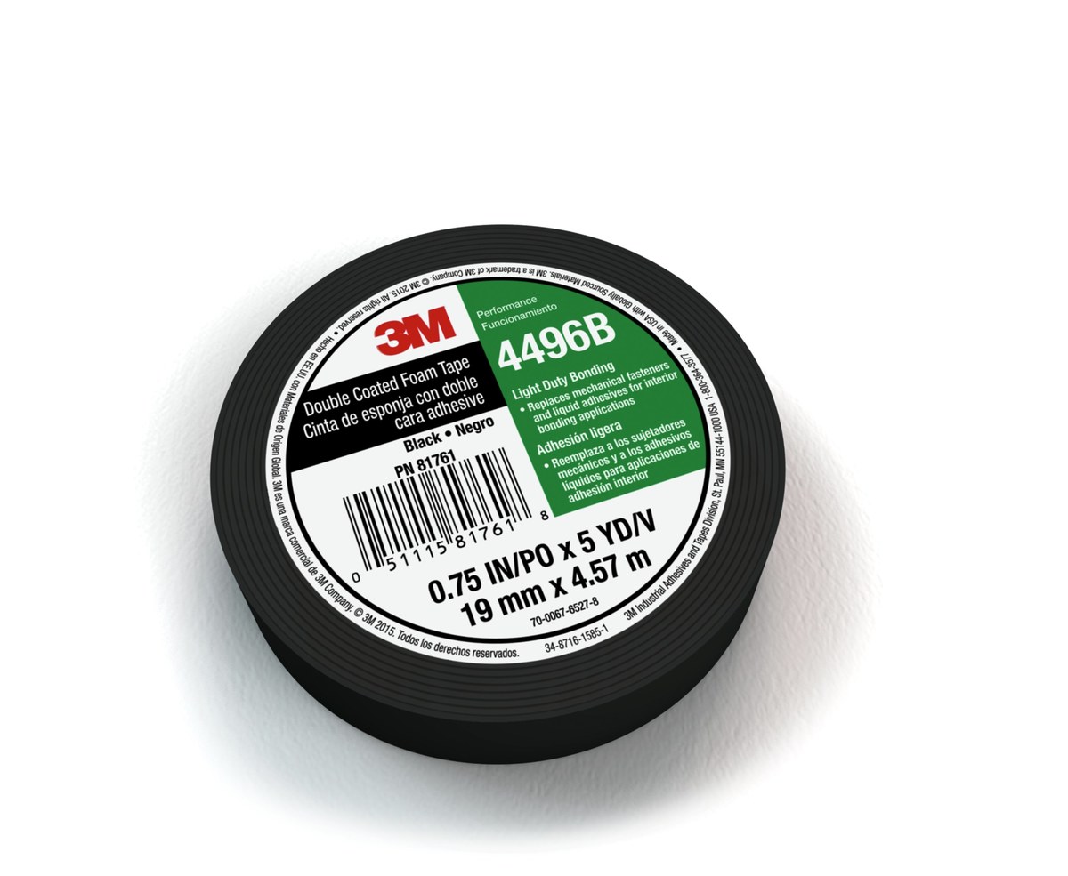 3M 4496B Black Double Coated Foam Tape - 1/2 in Width x 36 yd Length - 1/16 in Thick - 30425
