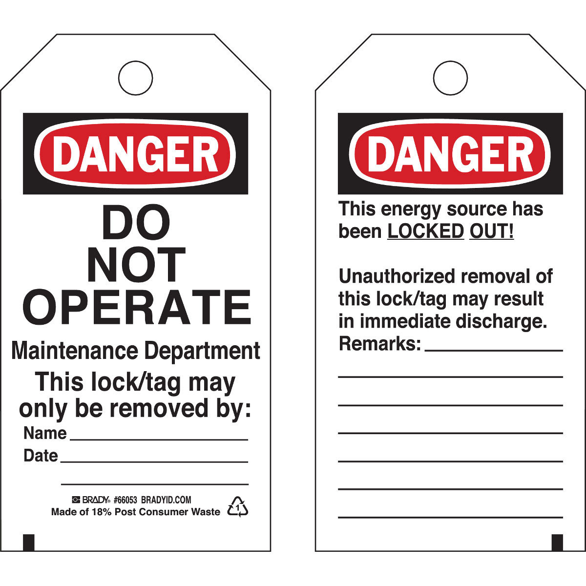Brady 65441 Black / Red on White Cardstock Lockout / Tagout Tag - 3 in Width - 5 3/4 in Height - B-853