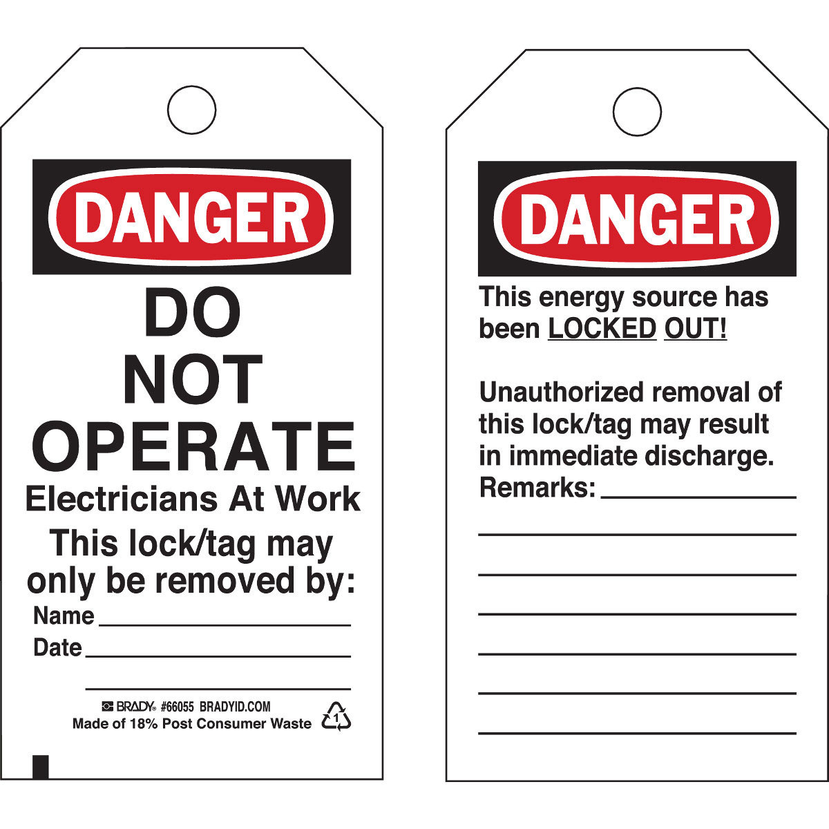 Brady 65443 Black / Red on White Cardstock Lockout / Tagout Tag - 3 in Width - 5 3/4 in Height - B-853