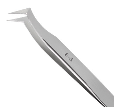 Excelta Three Star Utility Tweezers - Stainless Steel Angled Flat Sharp Point Tip - 0.01 in Tip Width - 4 1/2 in Length - 0.01 in Thick - 6-S