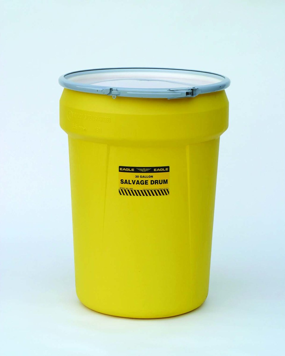 Eagle Yellow High Density Polyethylene 30 gal Spill Containment Drum - Metal Lever-Lock - 28 1/2 in Height - 16 5/8 (Bottom) in, 21 1/8 (Top) in Overall Diameter - 048441-60320