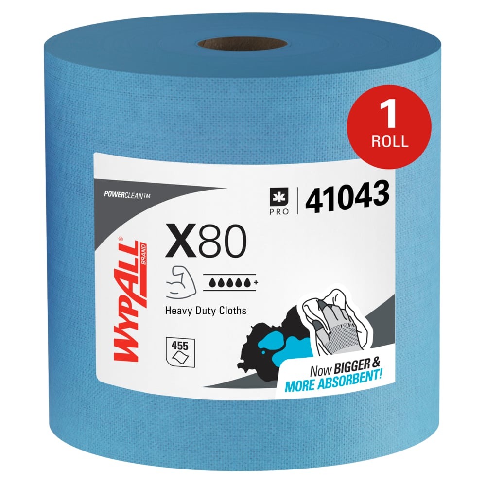 Kimberly-Clark Wypall PowerClean X80 Blue Hydroknit Wiper - Jumbo Roll - 455 sheets per roll - 13.4 in Overall Length - 12.5 in Width - 41043