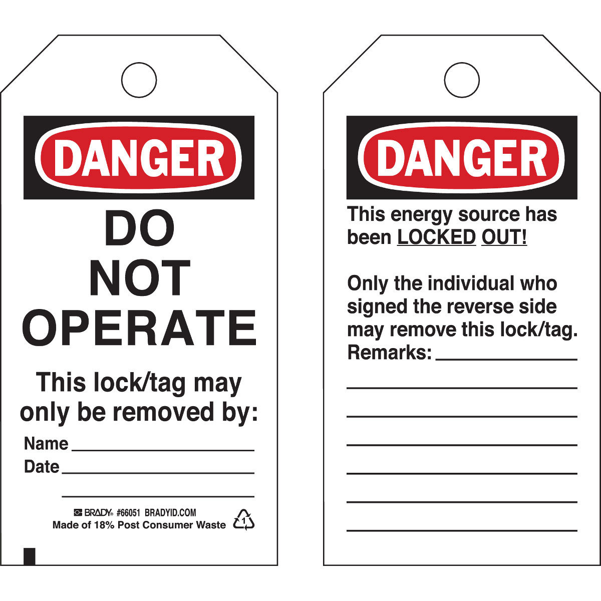Brady 65408 Black / Red on White Cardstock Lockout / Tagout Tag - 3 in Width - 5 3/4 in Height - B-853