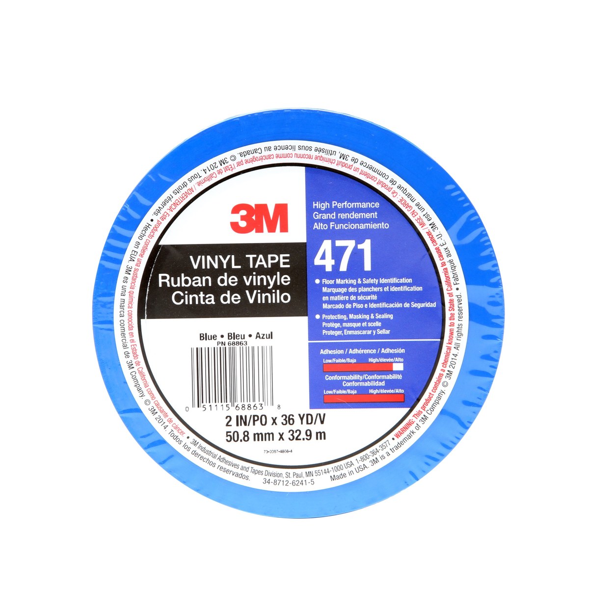 1//2 in Width x 36 yd Length Blue Pack of 1 3M 471 Marking Tape 5.2 mil Thick,