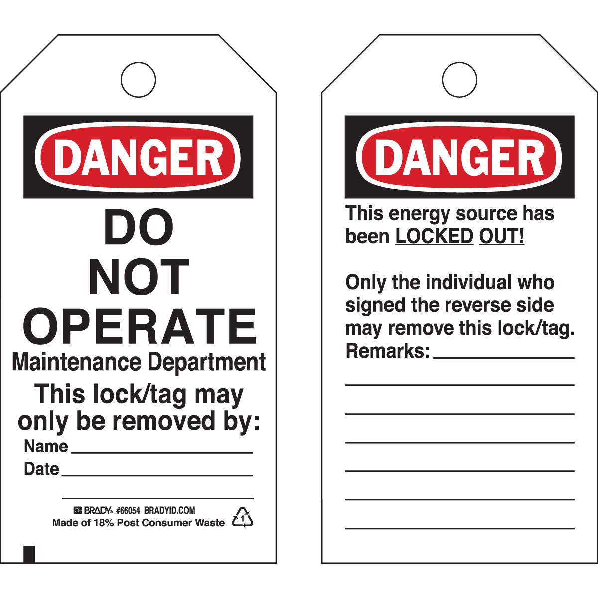 Brady 65442 Black / Red on White Cardstock Lockout / Tagout Tag - 3 in Width - 5 3/4 in Height - B-853