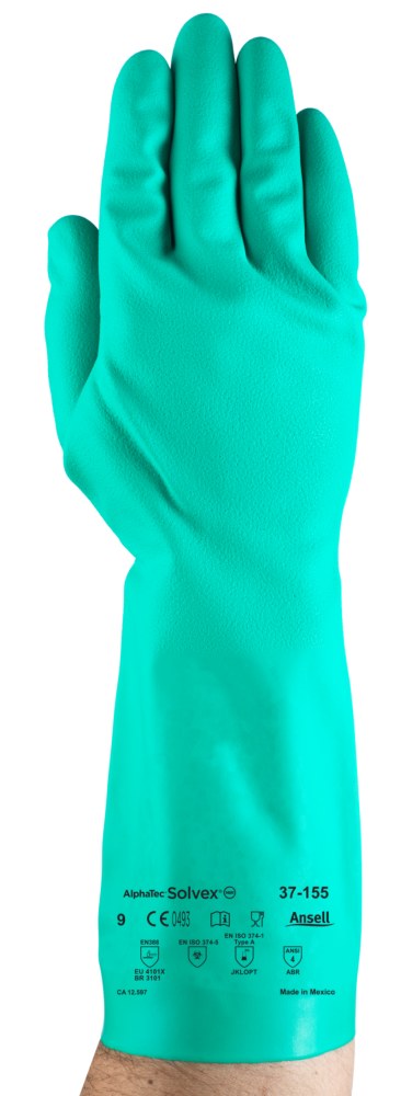 Ansell AlphaTec Solvex 37-155 Green 8 to 8.5 Chemical-Resistant Gloves - 13 in Length - Smooth Finish - 15 mil Thick - 817142