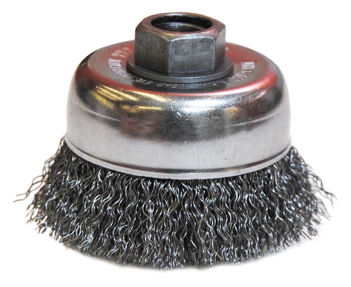 0.014",1/2"-13Arbor,14000r Weiler-Wire Cup Brush,Threaded Hole,Crimped Wire 3"