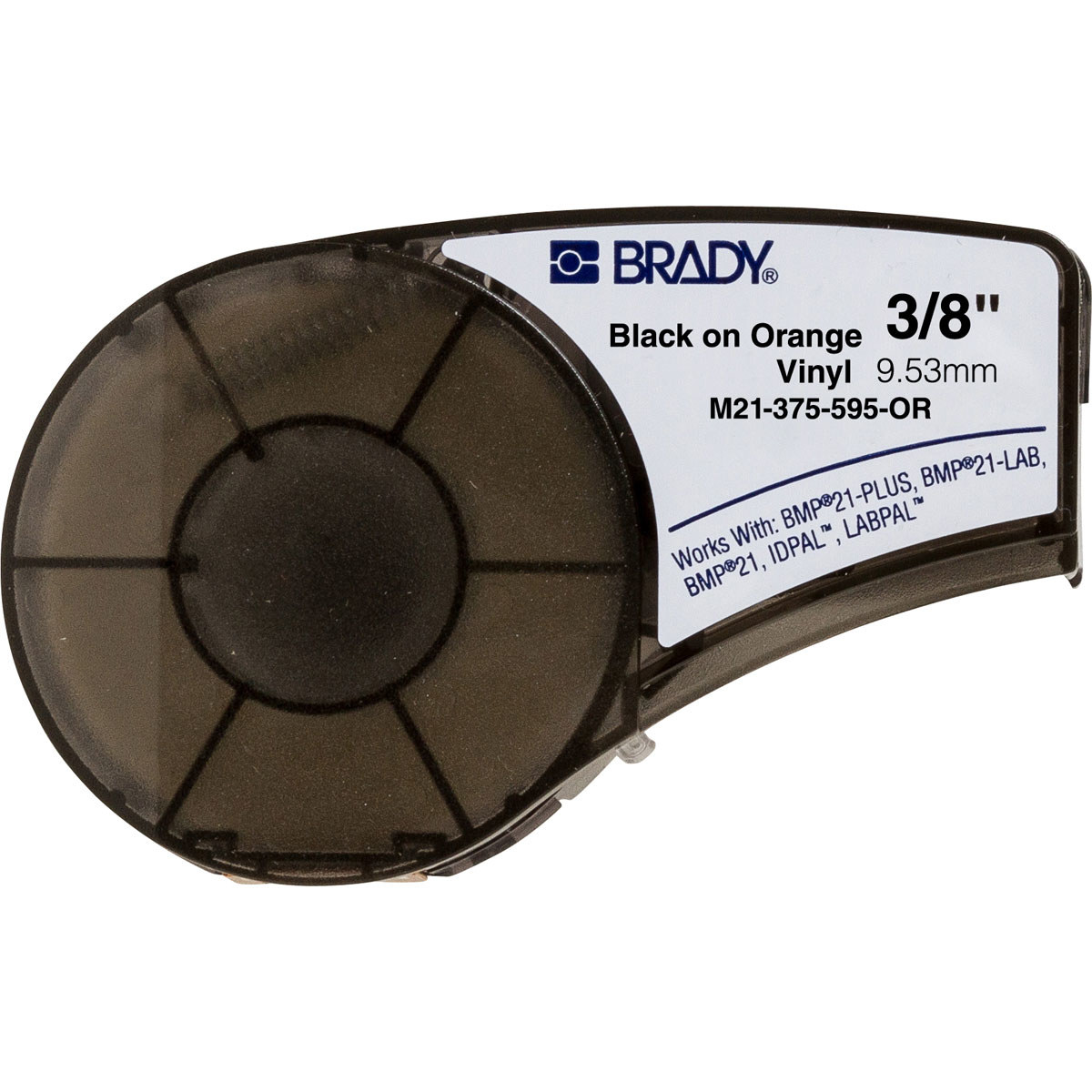 Brady M21-375-595-OR Printer Label Cartridge - 0.375 in x 21 ft - Vinyl - Black on Orange - B-595 - 96663