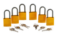 Brady Yellow Aluminum 6-pin Keyed & Safety Padlock 105884 - 1 1/2 in Width - 1 3/5 in Height - 1/4 in Shackle Diameter - 2 Key(s) Included - 754476-03429