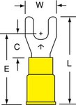image of 3M Highland FV10-8Q Yellow Non-Locking Butted Vinyl Butted Fork & Spade Terminal - 1.03 in Length - 0.38 in Wide - 0.38 in Fork Width - 0.0135 in Inside Diameter - #8 Stud - 60010