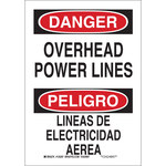 image of Brady B-555 Aluminum Rectangle White Overhead Power Lines Sign - 7 in Width x 10 in Height - Language English / Spanish - 125295