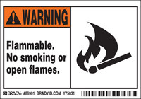 image of Brady Black/Orange on White Fire Hazard Label 86901 - Printed Text = FLAMMABLE. NO SMOKING OR OPEN FLAMES. - 754476-86901