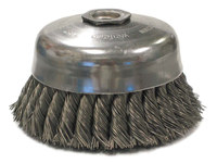 image of Weiler Steel Cup Brush - Threaded Arbor Attachment - 4 in Diameter - 5/8 in-11 UNC Center Hole - 0.023 in Bristle Diameter - With Internal Nut - 12826