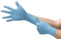 image of Ansell TouchNTuff 92-575 Blue Large Powdered Disposable Gloves - Medical Exam Grade - 9 1/2 in Length - Rough Finish - 5.5 mil Thick - 586195