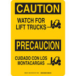 image of Brady B-302 Polyester Rectangle Yellow Truck & Forklift Warehouse Traffic Sign - 10 in Width x 14 in Height - Laminated - Language English / Spanish - 90809