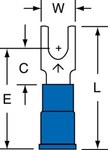 image of 3M Scotchlok MVU14-6FB/SK Blue Locking Butted Vinyl Butted Fork & Spade Terminal - 0.85 in Length - 0.25 in Wide - 0.25 in Fork Width - 0.17 in Max Insulation Outside Diameter - 0.09 in Inside Diamete