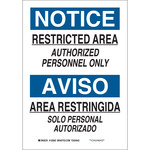 image of Brady B-555 Aluminum Rectangle White Restricted Area Sign - 7 in Width x 10 in Height - Language English / Spanish - 125061