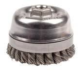 image of Weiler Steel Cup Brush - Threaded Arbor Attachment - 4 in Diameter - 5/8 in-11 UNC Center Hole - 0.020 in Bristle Diameter - Brush Type: Double Row, Banded - 12796