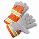 image of West Chester HVO500 Gray/High-Visibility Orange Large Split Cowhide Leather Work Gloves - Wing Thumb - 10.5 in Length - HVO500/L