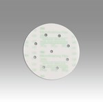 image of 3M Hookit 268L Coated Aluminum Oxide Green Hook & Loop Disc - Film Backing - 3 mil Weight - 30 Grit - Extra Fine - 6 in Diameter - 1/4 in Center Hole - 54567