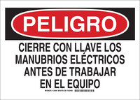 image of Brady B-555 Aluminum Rectangle White Electrical Safety Sign - 10 in Width x 7 in Height - Language Spanish - 124935