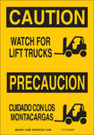 image of Brady B-302 Polyester Rectangle Yellow Truck & Forklift Warehouse Traffic Sign - 10 in Width x 7 in Height - Laminated - Language English / Spanish - 122645