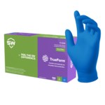 image of SW Sustainability Solutions TrueForm TF-95RB Royal Blue Medium Powder Free Disposable Gloves - Medical Exam Grade - 9.5 in Length - Textured Fingers Finish - 4.7 mil Thick - N301343