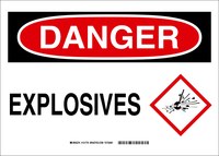 image of Brady B-555 Aluminum Rectangle White Explosives Warning Sign - 10 in Width x 7 in Height - 131771
