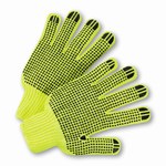 image of West Chester HVG708SKBS High-Visibility Green Large Cotton/Polyester General Purpose Gloves - Wing Thumb - PVC Dotted Both Sides Coating - 9.5 in Length