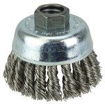 image of Weiler Wolverine Stainless Steel Cup Brush - Threaded Arbor Attachment - 3 in Diameter - 5/8 in-11 UNC Center Hole - 0.020 in Bristle Diameter - 36239