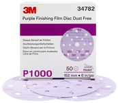image of 3M Hookit Coated A/O Aluminum Oxide AO Purple Hook & Loop Disc - Film Backing - P1000 Grit - Super Fine - 6 in Diameter - 34782