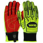 image of PIP Boss 120-MP2120 Hi-Vis Yellow/Red Large Synthetic Leather/Spandex Impact Protection Gloves - Reinforced Thumb - ANSI A2 Cut Resistance - PVC Back of Hand and Fingers Coating - 120-MP2120/L