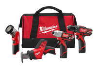 image of Milwaukee M12 Lithium-Ion (Li-ion) 4-Tool Combo Drill Kit - 3 Orbit - 2498-24