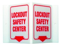 image of Brady Acrylic Lockout Sign 49385 - Printed Text = LOCKOUT SAFETY CENTER - Unitized - English - 9 in Width - 6 in Height - 754476-49385