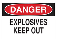 image of Brady B-120 Fiberglass Reinforced Polyester Rectangle White Explosives Warning Sign - 14 in Width x 10 in Height - 70330