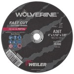 Weiler Wolverine Aluminum Oxide Cutoff Wheel - Type 1 - Straight Wheel - 36 Grit T Grade - 4 in Diameter - 3/8 in Center Hole - 1/16 in Thickness - 56086