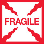 image of Tape Logic DL1316 Fragile Labels - 2 in x 2 in - Semi-Gloss Coated Paper - Red/White - 14867