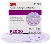 image of 3M Hookit Coated A/O Aluminum Oxide AO Purple Hook & Loop Disc - Film Backing - P2000 Grit - Ultra Fine - 6 in Diameter - 34785