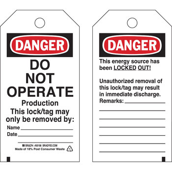 Picture of Brady Black / Red on White Laminated Polyester 50198 Lockout / Tagout Tag (Main product image)