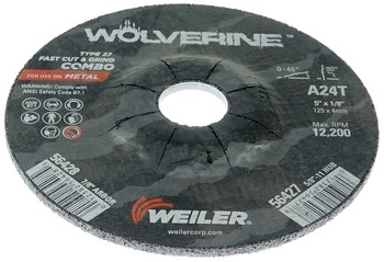 Weiler Wolverine Cutoff Wheel 56428 - Type 27 - Depressed Center Wheel - 5 in - Aluminum Oxide - 24 - T