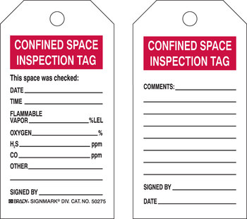 Picture of Brady Black / Red on White Laminated Polyester / Paper Inspection / Checklist 50275 Confined Space Tag (Main product image)