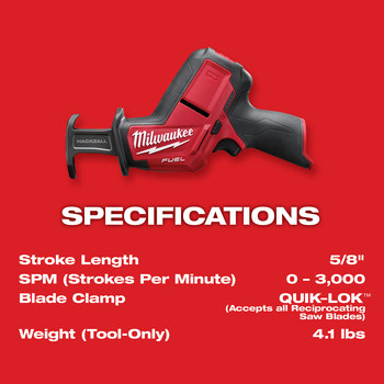 Milwaukee M12 FUEL HACKZALL Reciprocal Saw 2520-20 - 0.625 in Stroke Length - 3000 SPM