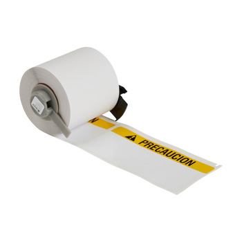Picture of Brady Black, Yellow on White Abrasion-Resistant, Chemical-Resistant, Oil-Resistant, Outdoor Use Vinyl Thermal Transfer M6-38-595-PRE Die-Cut Thermal Transfer Printer Label Roll (Main product image)
