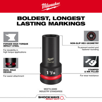 Milwaukee SHOCKWAVE Impact Duty 49-66-6627 Deep Well Impact Socket - Forged Steel - 6 Point Drive - 91.95 mm Length - 58538