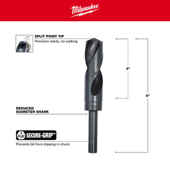 Milwaukee 1 in S&D Drill Bit 48-89-2754 - Right Hand Cut - Split 135° Point - 6 in Overall Length - 4 in Twist Flute - Black Oxide