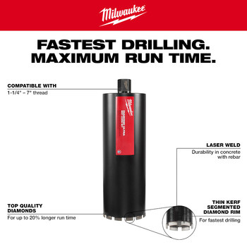 Milwaukee Diamond Ultra 12 in Wet Core Bit 48-17-5120 - 16 in Overall Length - Low Carbon Steel