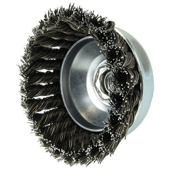 Weiler Wolverine Steel Cup Brush - Threaded Arbor Attachment - 4 in Diameter - 5/8 in-11 UNC Center Hole - 0.025 in Bristle Diameter - 36244