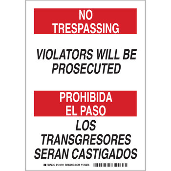 Picture of Brady B-555 Aluminum Rectangle White English / Spanish No Trespassing Sign part number 124109 (Main product image)